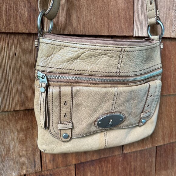 Fossil Light Tan Leather Shoulder Bag Top Zip Maddox 1 inch Adjustable Strap - Picture 10 of 16